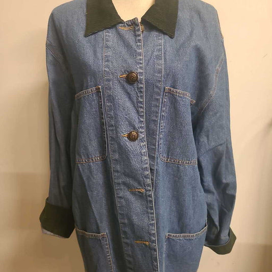 LAUREN JEFFRIES - DENIM BUTTON-UP JACKET W/ GREEN CORDORUY COLLAR