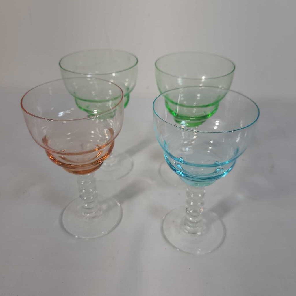 S/4 VTG COLOURED BUBBLE STEM WINE GLASSES