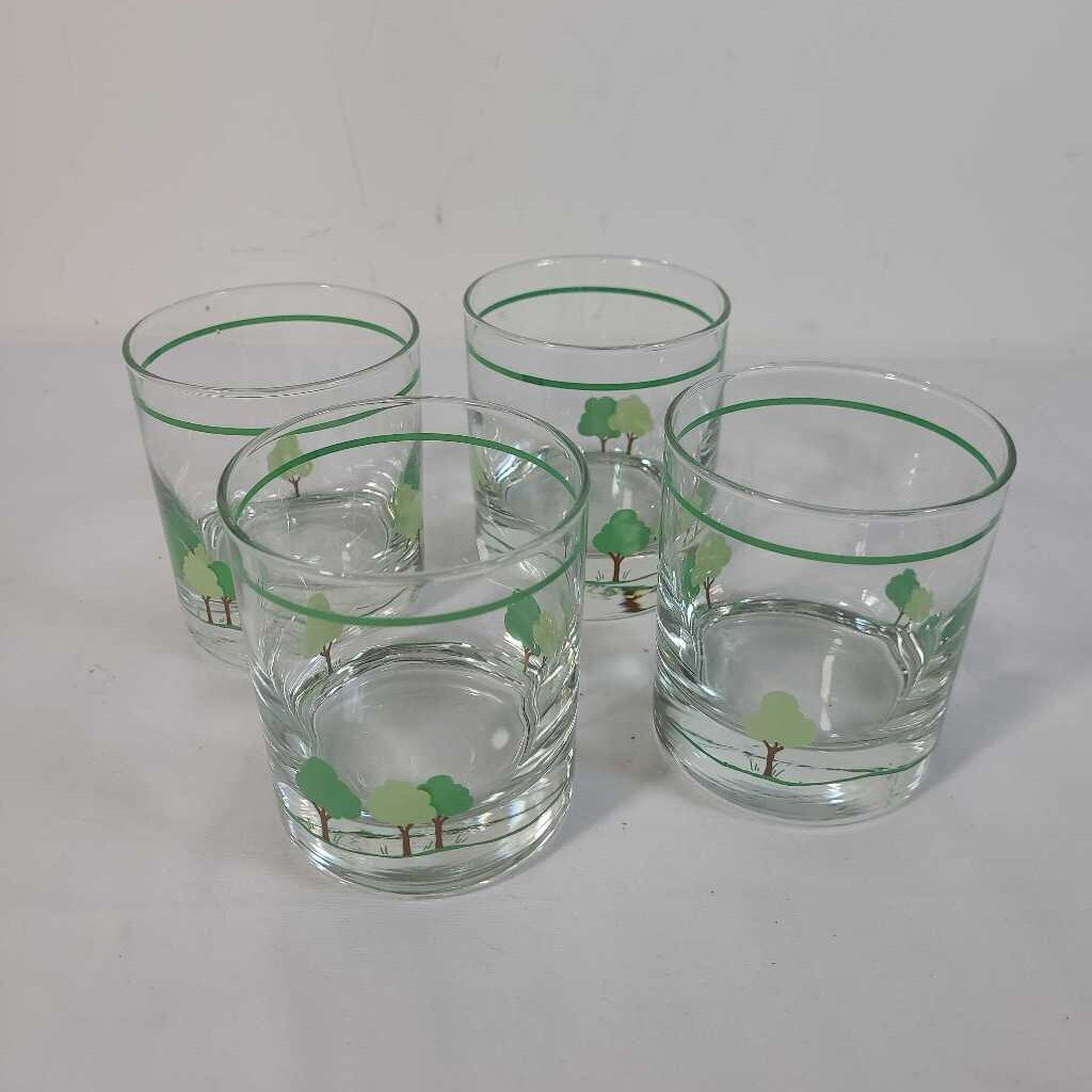 S/4 VTG 80'S GREEN TREE WISKEY LOW BALL GLASSES TUMBLERS