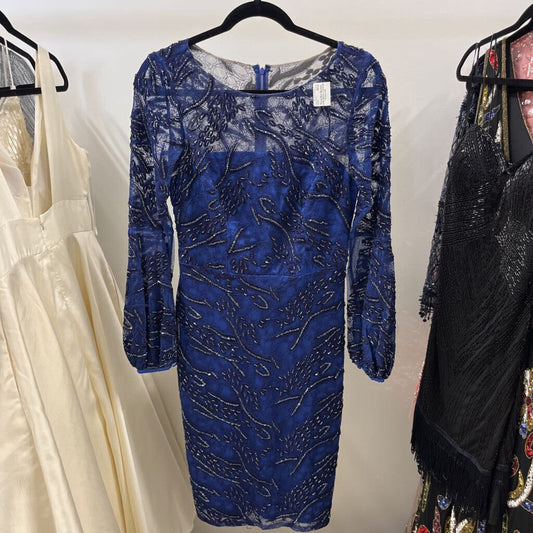 Royal Blue Beaded Long Sleeve Cocktail Dress