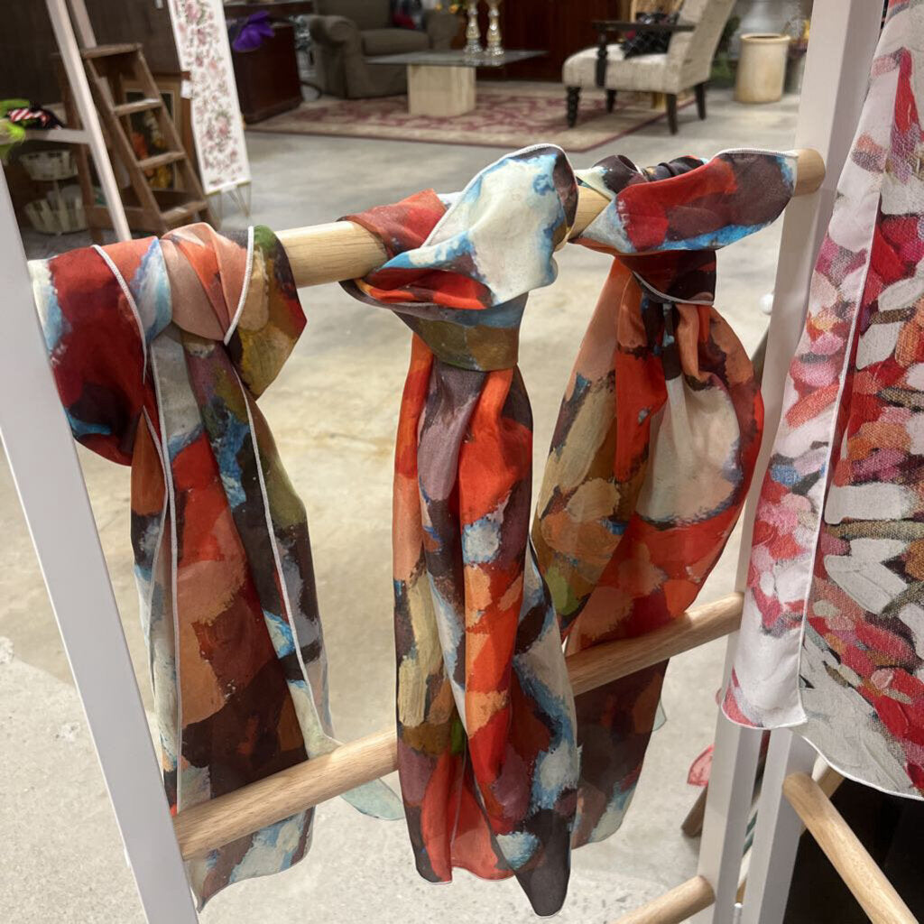 Neck scarf with orange and autumn leaf pattern, silk charmeuse