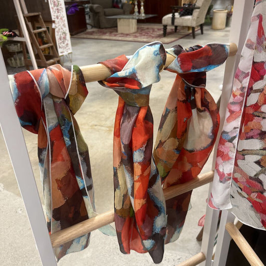 Neck scarf with orange and autumn leaf pattern, silk charmeuse