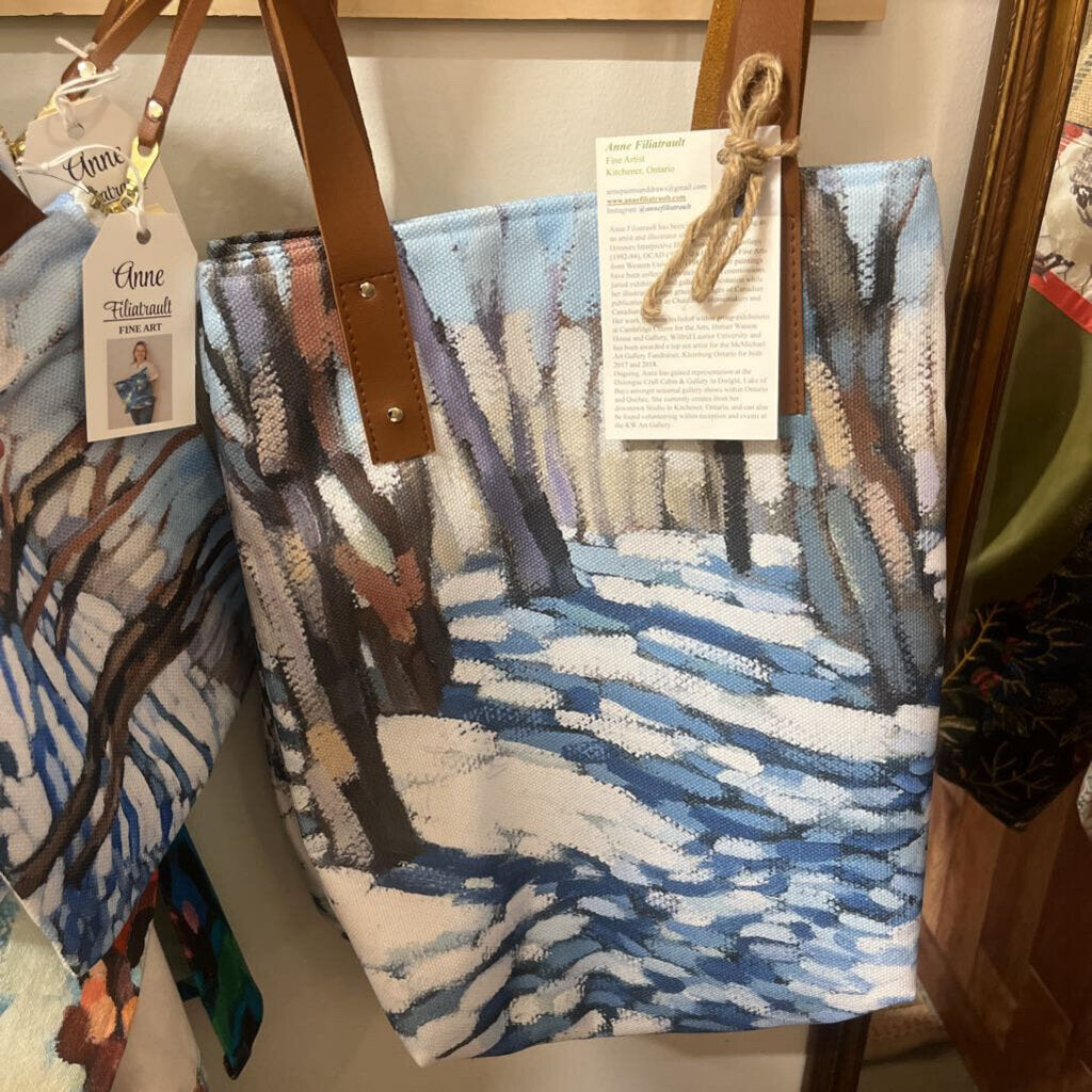 URBAN TOTE BAG, Snow scene w blue shadows and trees