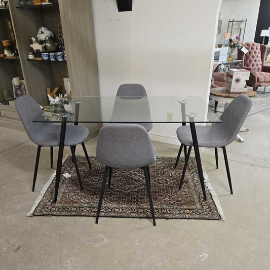 GLASS TOP TABLE + 4 GREY CHAIRS