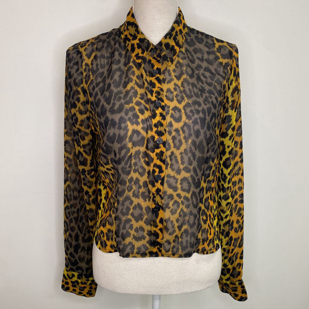 URBAN OUTFITTERS - CHEETAH PRINT SHEER L/S BUTTON-UP CROPPED TOP