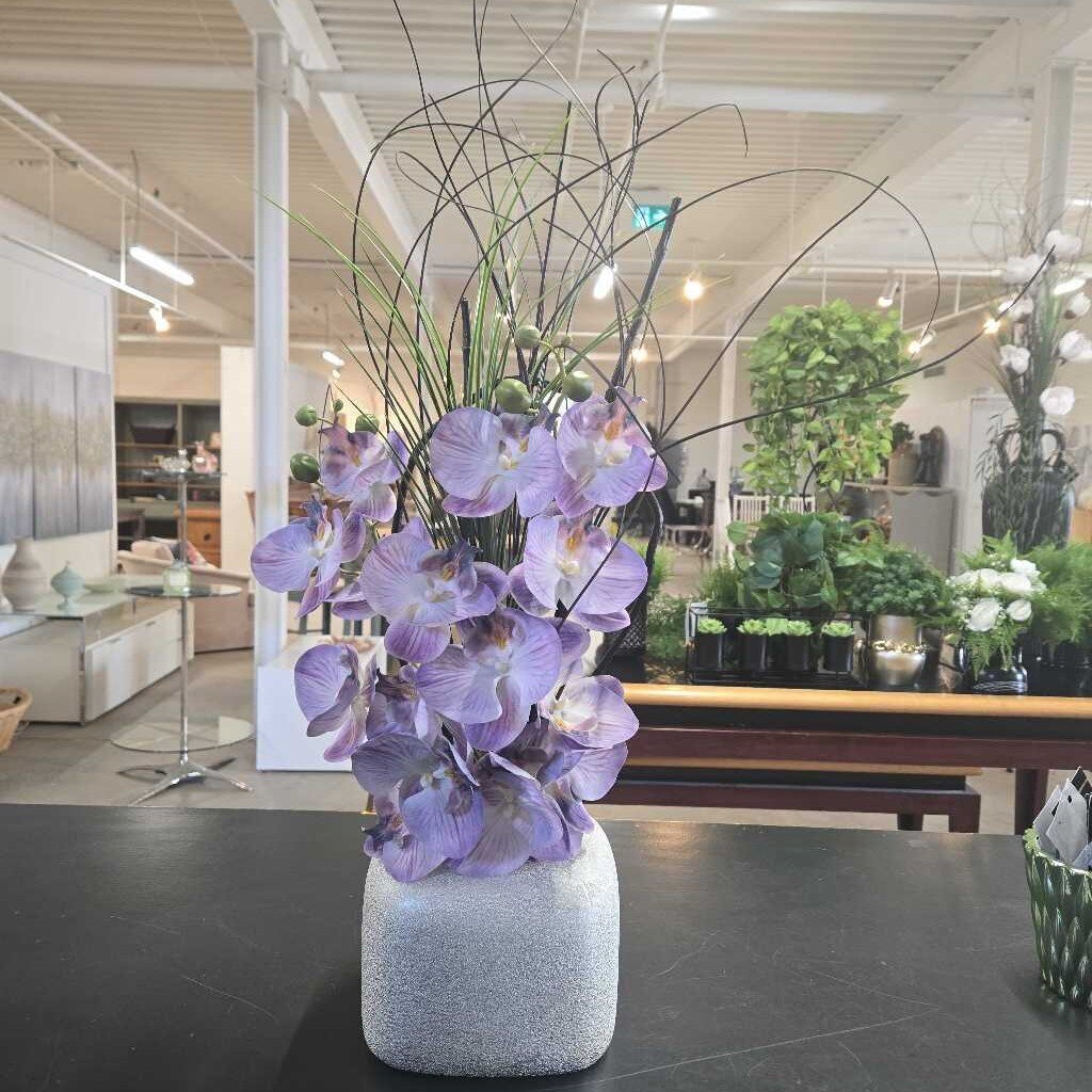 FAUX PURPLE ORCHIDS IN SILVER POT