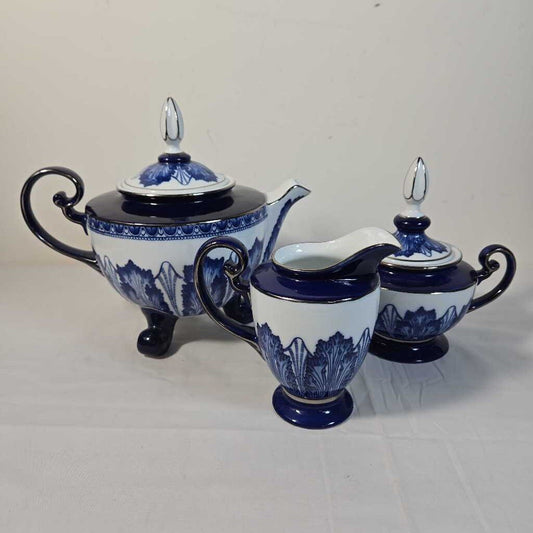 3pc BOMBAY BLUE & WHITE TEAPOT, CREAM & SUGAR
