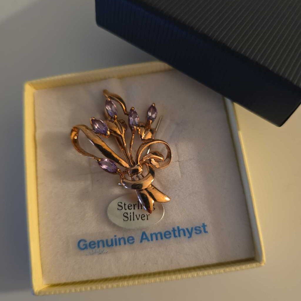 Sterling Silver and GP Amethyst Brooch February