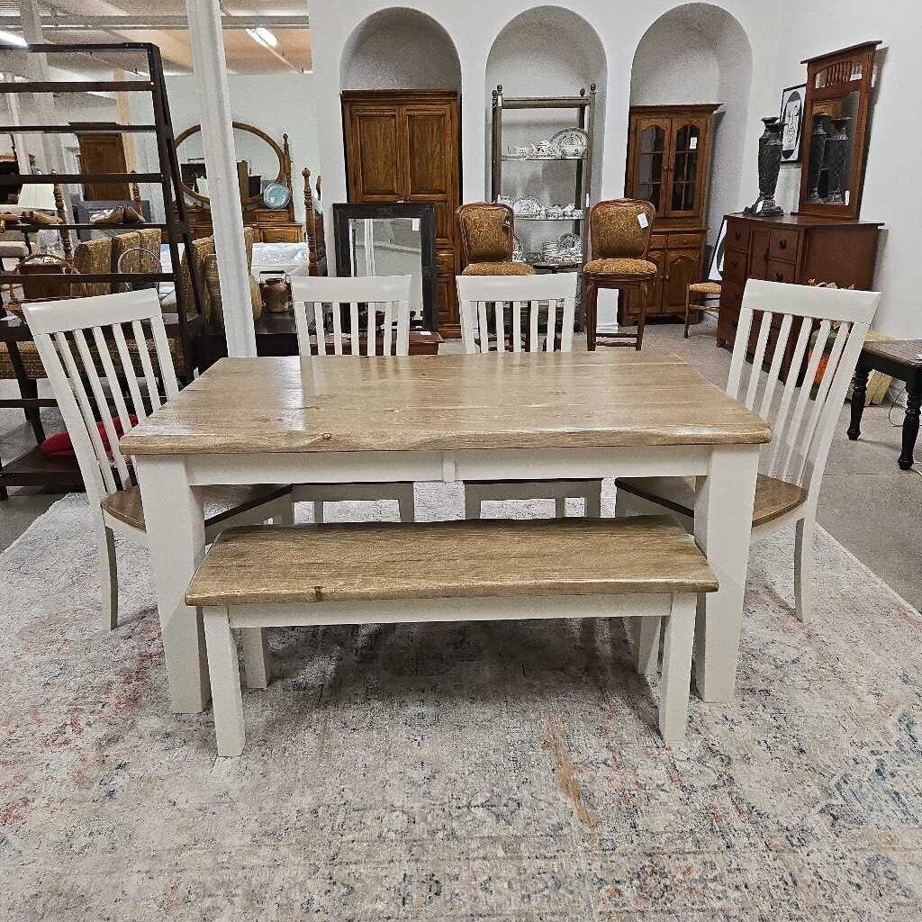 NEWLY REFINISHED TABLE W/ 4 CHAIRS & BENCH
