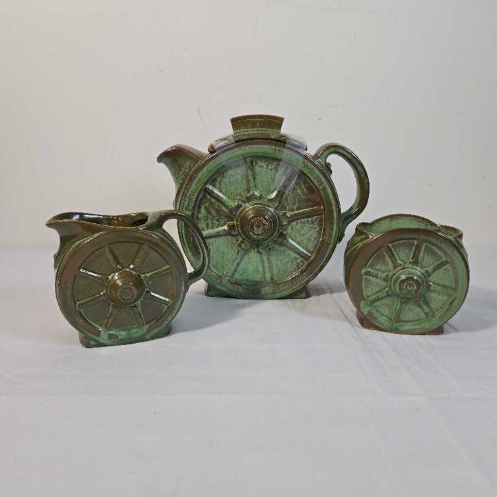 VTG 3pc FRANKOMA POTTERY WAGON WHEEL TEA POT ,C&S SET
