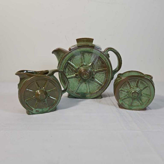VTG 3pc FRANKOMA POTTERY WAGON WHEEL TEA POT ,C&S SET