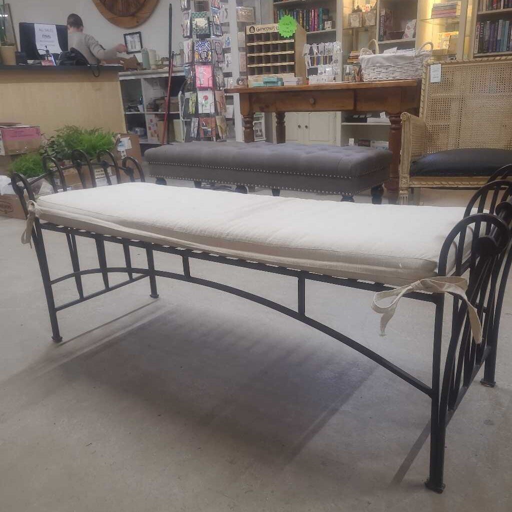 BRONZE IRON BENCH W/BEIGE CUSHION