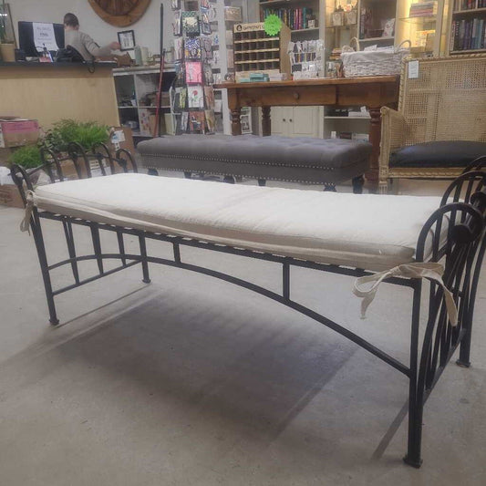 BRONZE IRON BENCH W/BEIGE CUSHION