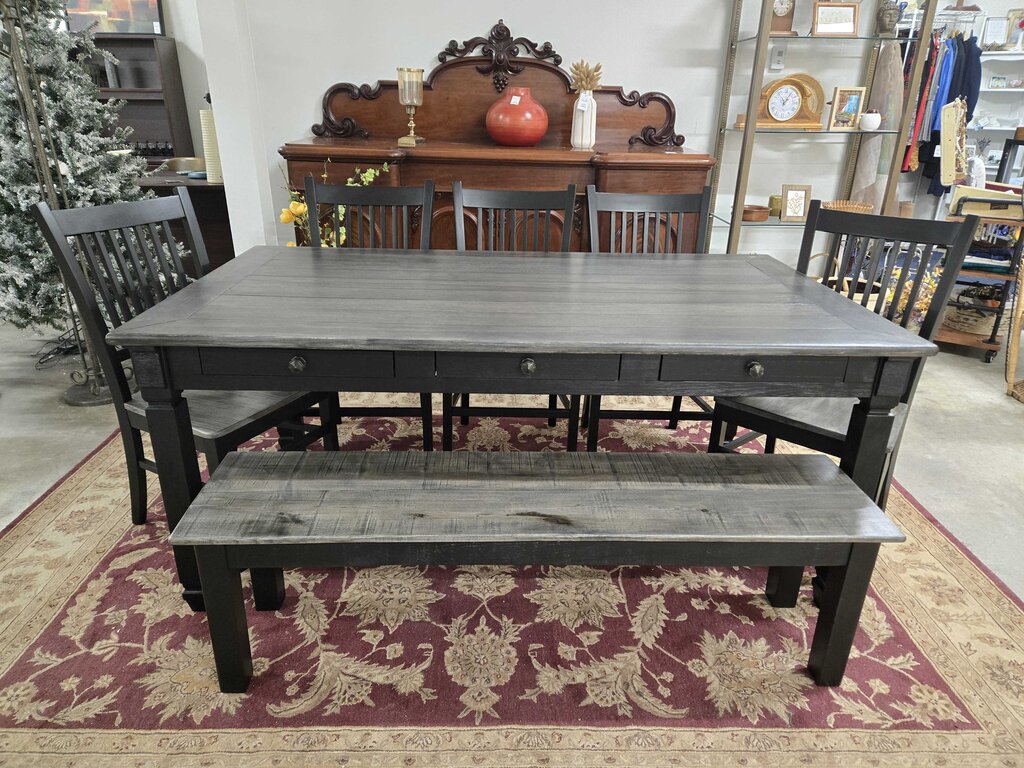 REFINISHED TABLE W/5 CHAIRS & BENCH