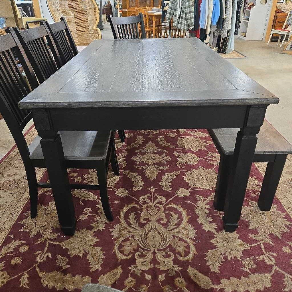REFINISHED TABLE W/5 CHAIRS & BENCH