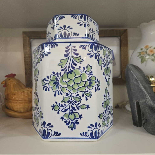 Blue and green floral hexagonal ginger jar