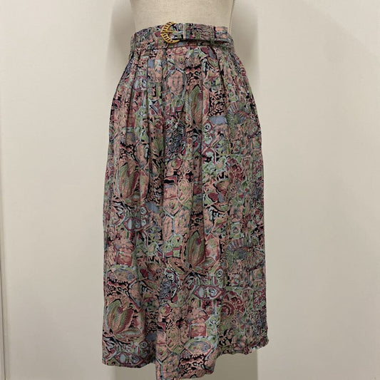 VTG - MULTI-COLOURED FLORAL MIDI SKIRT W/ BELT