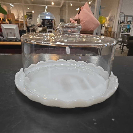 VTG CAKE PLATE W/SCALLOPED EDGE & GLASS DOME