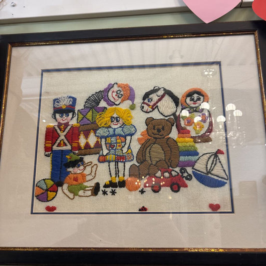 VINTAGE FRAMED CREWEL TOY NEEDLEPOINT