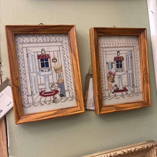 FRAMED WASHROOM NEEDLEPOINT BOY
