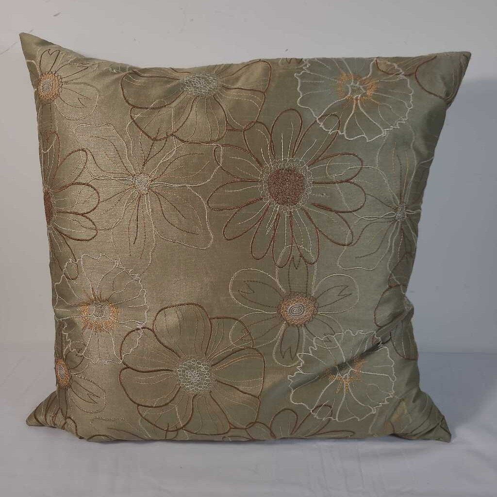 GREEN SATIN FLORAL DOWN FILLED PILLOW