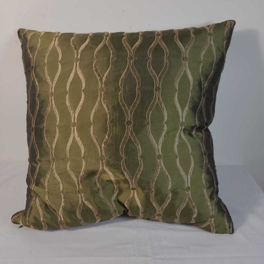 GREEN SATIN W/TAUPE DESIGN DOWN FILLED PILLOW