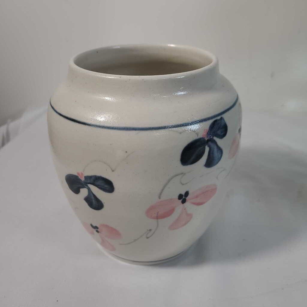 POTTERY VASE W/BLUE & PINK FLOWERS