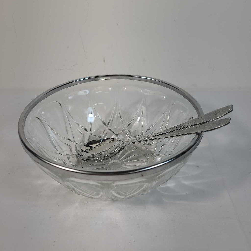 SILVER RIMMED SALAD BOWL W/ 2 SERVING PIECES