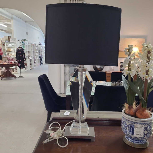 GLASS BASE TABLE LAMP W/ BLACK SHADE