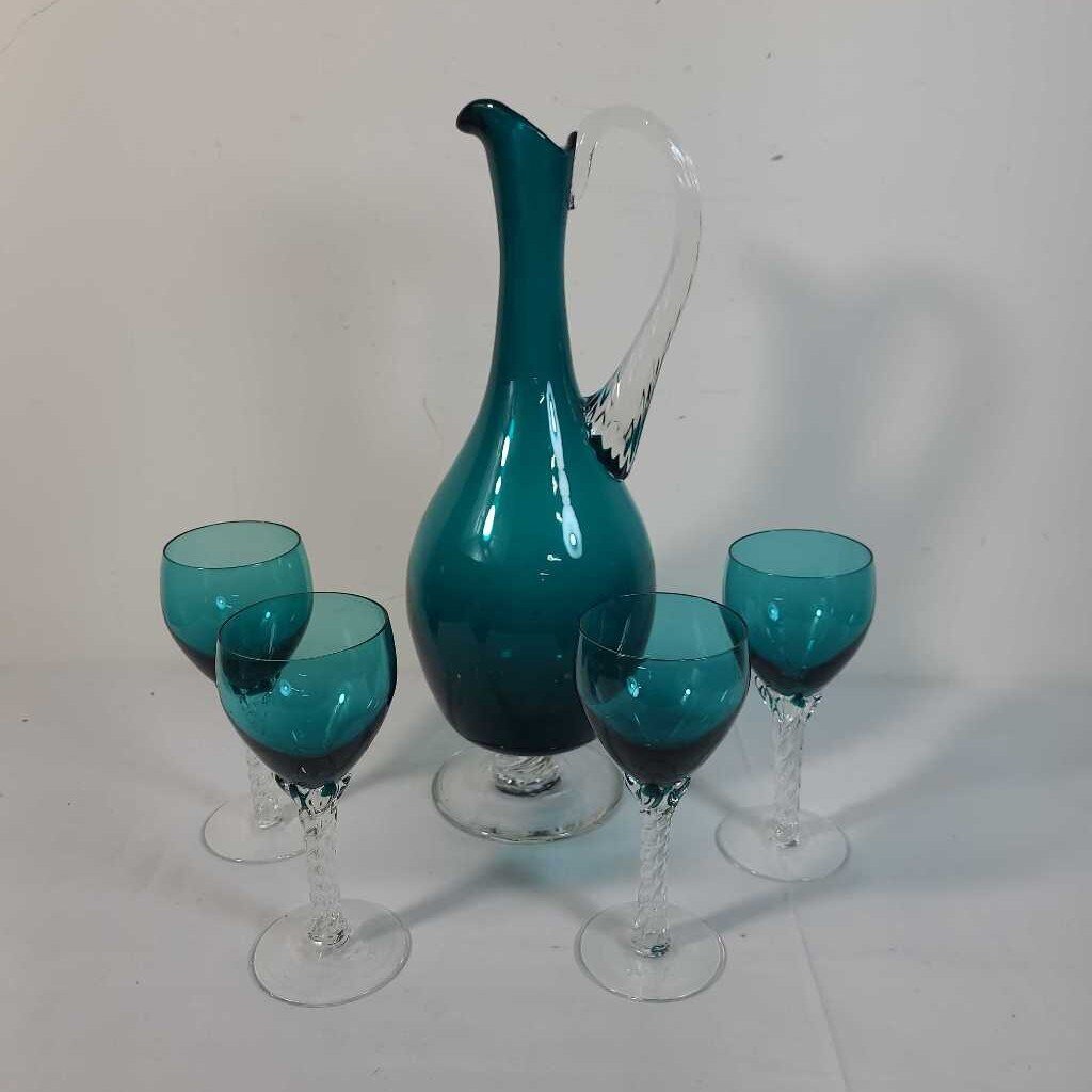 S/5 TEAL ART GLASS DECANTER + GLASSES