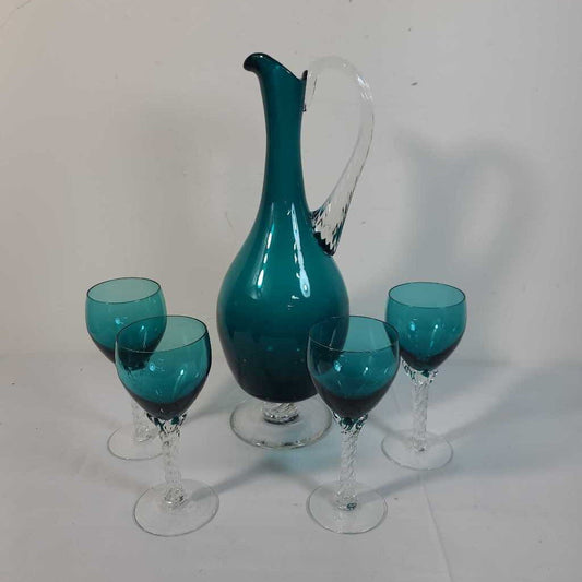 S/5 TEAL ART GLASS DECANTER + GLASSES