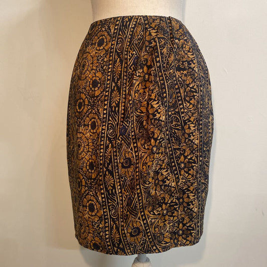 ELLEN TRACY - 100% SILK BROWN/NAVY FLORAL PRINT MINI SKIRT