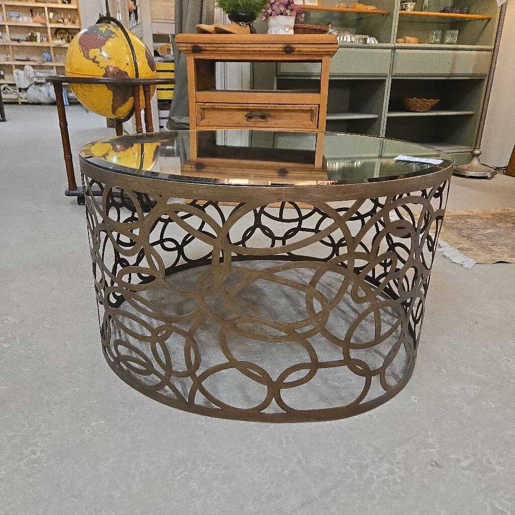 ROUND MIRROR TOP COFFEE TABLE W/CUTOUT BASE