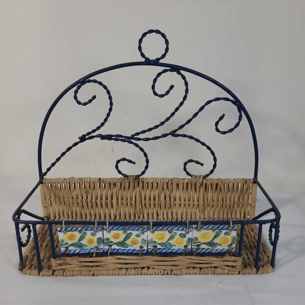 BLUE WIRE BASKET W/YELLOW FLOWERS