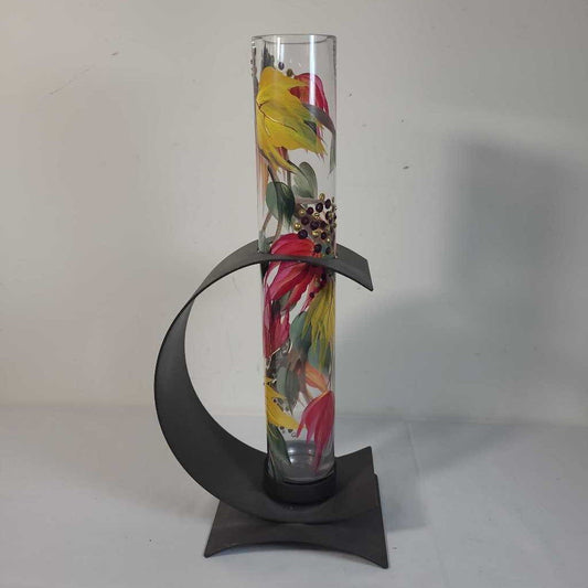 HAND PAINTED VASE W/ METAL STAND