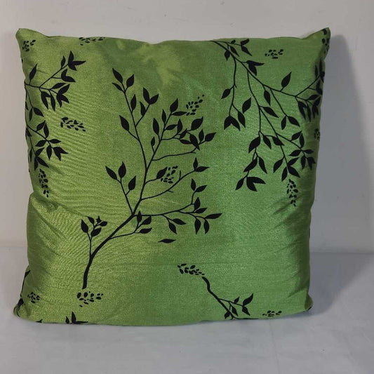 GREEN SATIN PILLOW W/ BLACK LEAVES