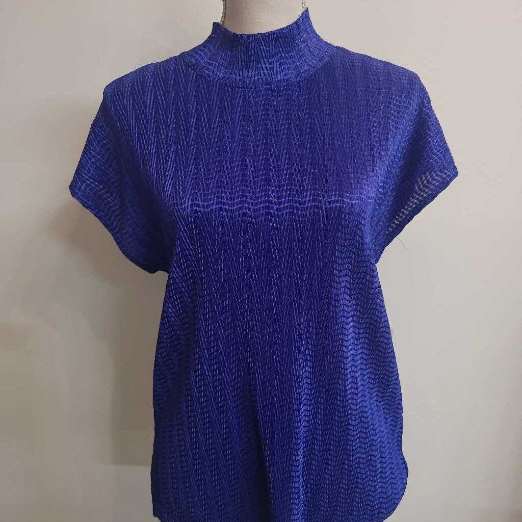 BLUE CRINKLE TOP WITH HIGH NECK