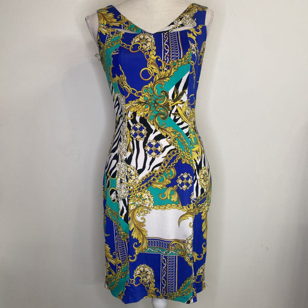 FRANK LYMAN - ABSTRACT WHITE/BLUE/GREEN/GOLD SLEEVELESS MIDI DRESS