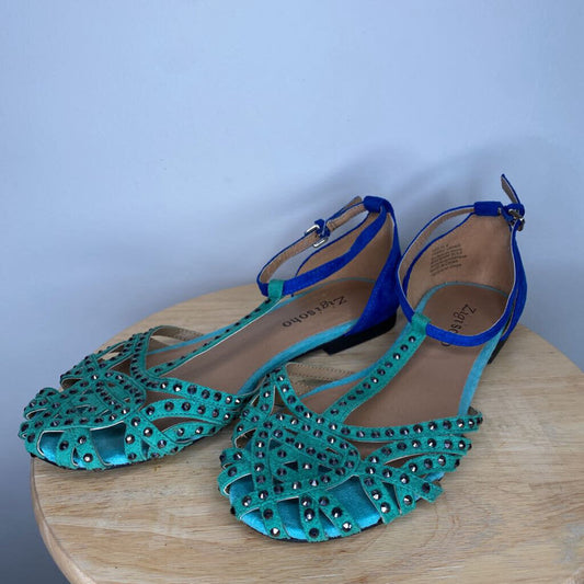 ZIGI SOHO - BLUE/GREEN STRAPPY FLATS W/ STUDS