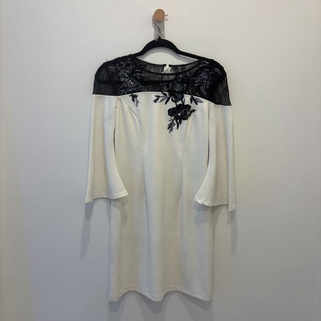 Monochrome Floral Applique Off-Shoulder Sheath Dress