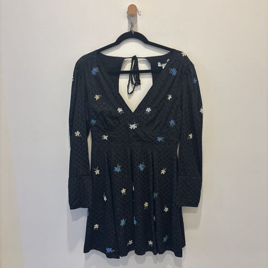 Black Swiss Dot V-Neck Beaded Floral Mini Dress