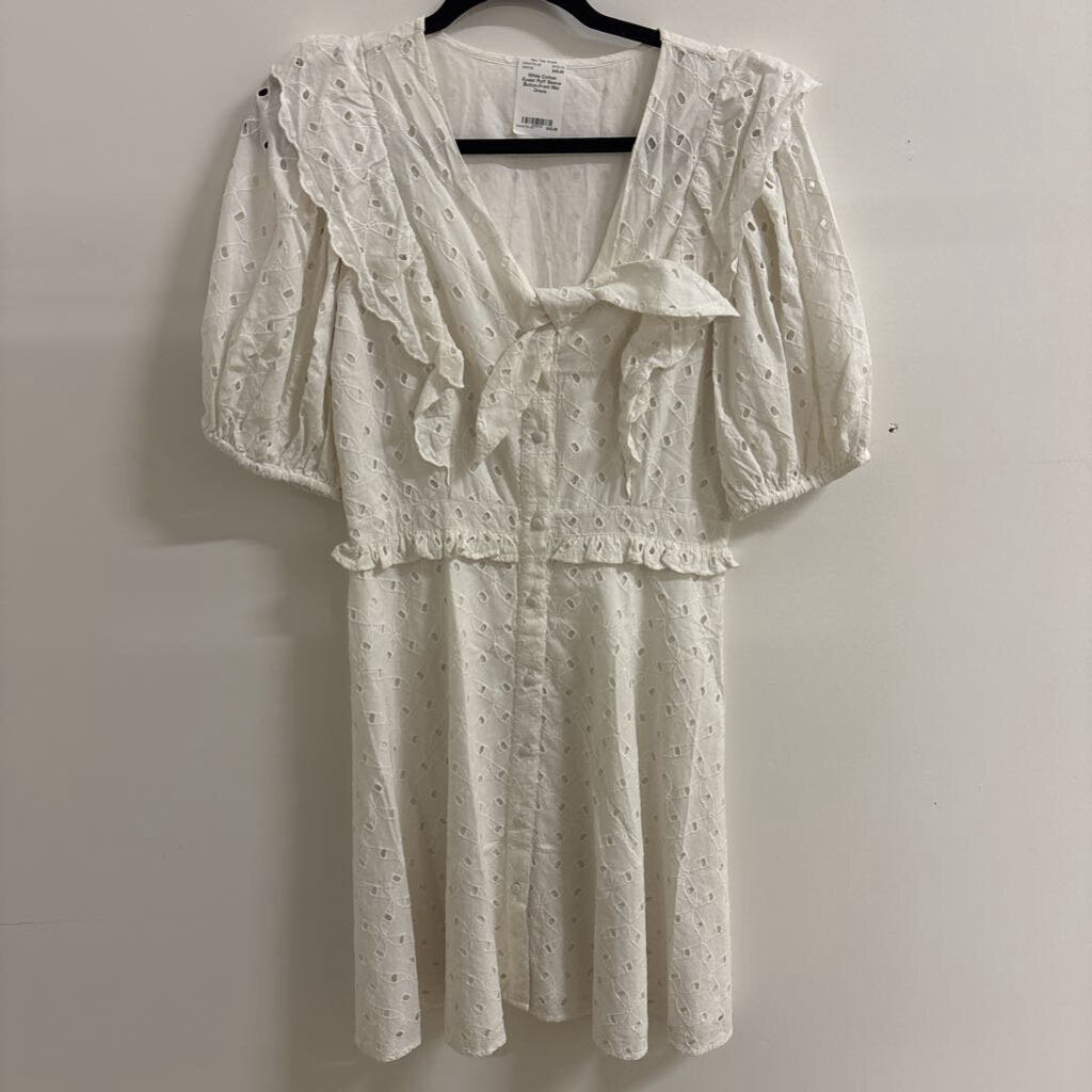 White Cotton Eyelet Puff Sleeve Button-Front Mini Dress.