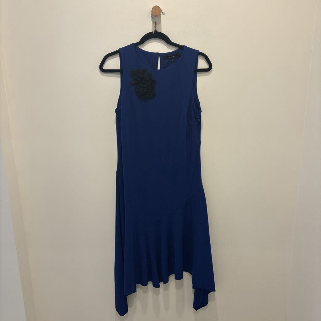 Royal Blue Sleeveless Sheath Dress with Black Floral Lace Applique.
