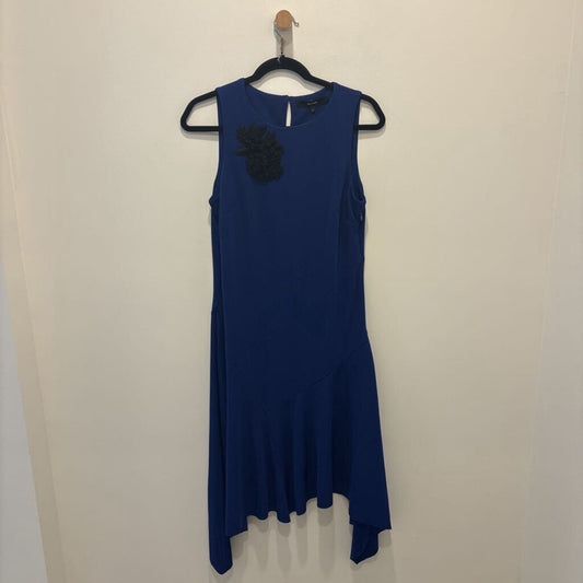 Royal Blue Sleeveless Sheath Dress with Black Floral Lace Applique.