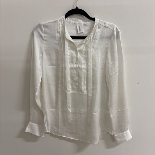 Elegant White Satin Button-Up Blouse with Pintuck Details.