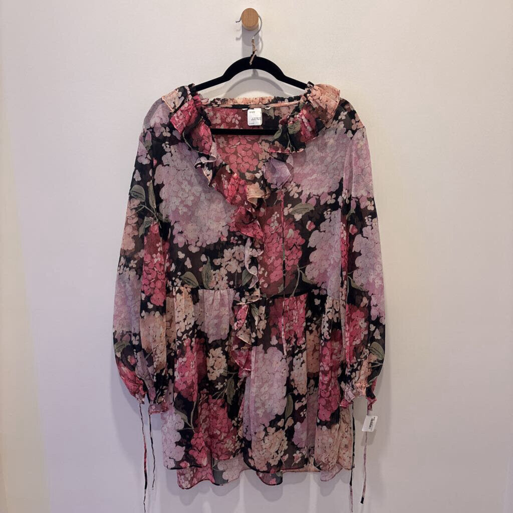 H&M Pink Floral Ruffle-Trimmed Chiffon Long Sleeve Blouse.