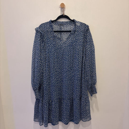 Blue & White Patterned Ruffle-Collar Long Sleeve Dress.