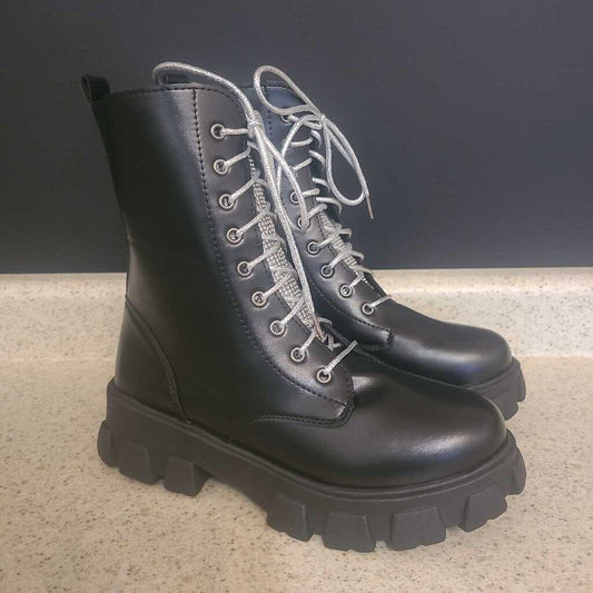 BLACK COMBAT BOOTS WITH RHINESTONES
