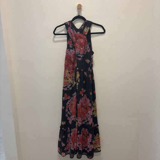 Black Floral Sequin Halter Tiered Midi Dress