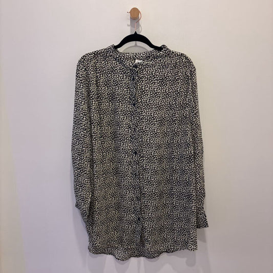 Black & White Micro-Floral Long-Sleeve Blouse